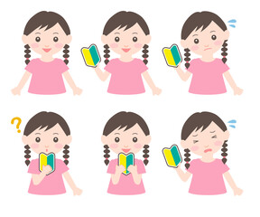 初心者マークを持った女の子のイラスト
