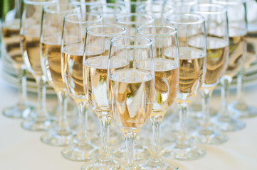 Glasses with champagne on the table. Catering. Buffet