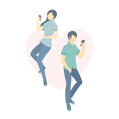 Young woman and young man float in the air with happy face and hold smartphone,Big heart as a background,flat design style, isolated .Vector illustration about love.