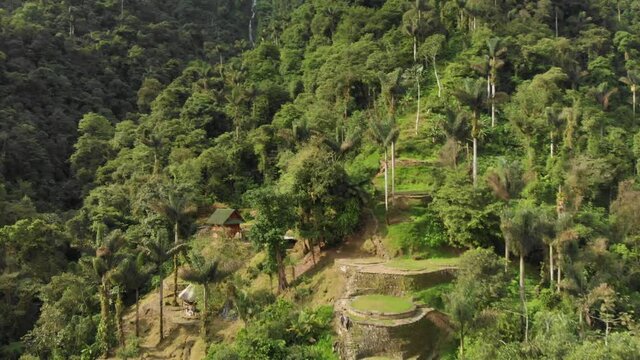 Aerial View of Stone Platforms Deep in Jungle Lush. Ciudad Perdida aka Lost City Colombia, Popular Tourist Hiking Destination