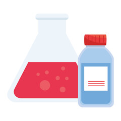 laboratory bottle with label and flask design, Chemistry substance science research technology biology equipment and test theme Vector illustration