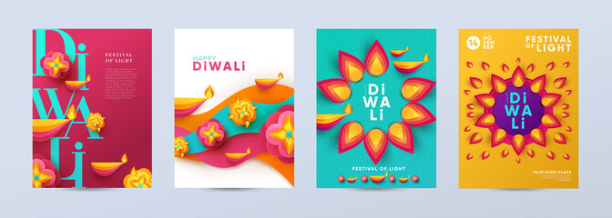 Happy Diwali Hindu festival modern design set in paper cut style with oil lamps on colorful waves and beautiful flowers of lights. Holiday background for branding, card, banner, cover, flyer or poster