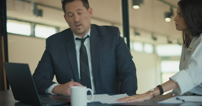 Two business colleagues using a computer during a business meeting at the office. Medium shot, slow motion. 