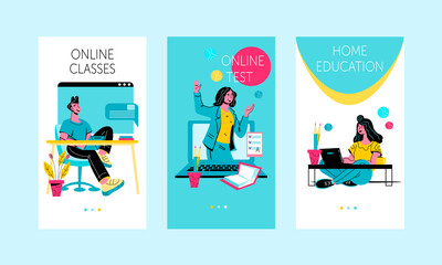 Mobile app onboarding screens set for online education and distance courses. Distance learning and e-learning. Vector banner illustration template for website and mobile application.