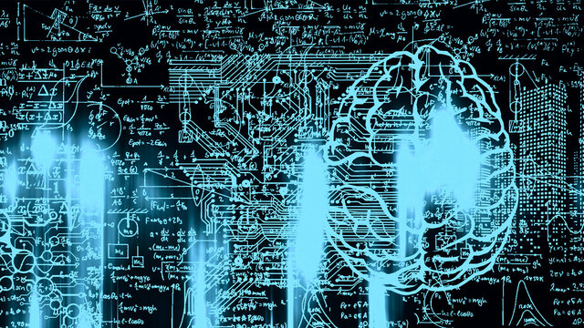 Big data and artificial intelligence concept. Machine learning and cyber mind domination concept in form of human brain outline outline with circuit board and binary data flow 
