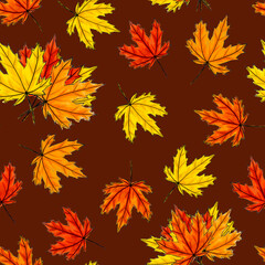 Maple leaves seamless pattern on brown background. Autumn foliage of deciduous tree lying on surface. Fall season orange red yellow leafage randomly placed. Print, textile, wrapping paper,scrapbooking