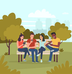 Young women, men sitting on bench and look at gadgets in the park. Vector flat cartoon  style illustration