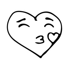 Kissing emoticon heart shape doodle icon. Hand drawn kissing emoticon heart shape icon