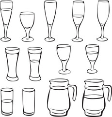 Set of vector glasses with different shapes. Black and white glassware collection. Vector illustration.