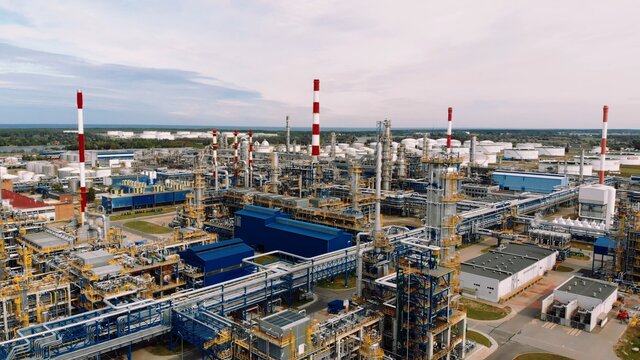 Aerial shot over a pipe infrastructure in an oil refinery in Gdansk, Poland. . High quality photo