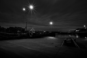 Youghal Quays at night in B&W