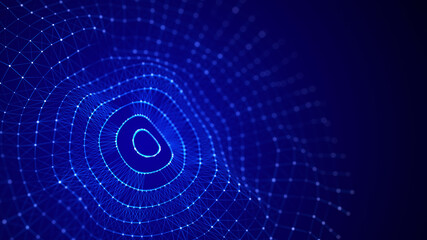 Abstract blue futuristic background. Big data visualization. Digital dynamic wave of particles. 3D rendering.