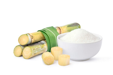 White pure sugar with sugarcane and sliced isolated on white background