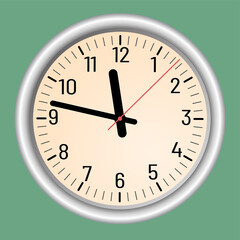 Wall or table clock. Vector illustration. Round classic design. Time in hours and minutes.