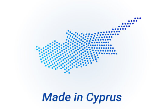 Map icon of Cyprus. Vector logo illustration with text Made in Cyprus. Blue halftone dots background. Round pixels. Modern digital graphic design.