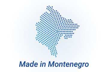Map icon of Montenegro. Vector logo illustration with text Made in Montenegro. Blue halftone dots background. Round pixels. Modern digital graphic design.
