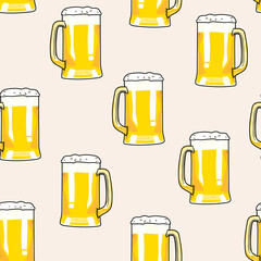 Seamless pattern mug of beer. Bar card. Alcohol party background. Cartoon style. Hand drawing. Illustration.