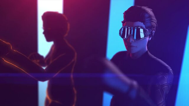 A girl with short hair wears futuristic suit and VR 360 glasses training with virtual avatar for boxing training in virtual reality, Concept future of humanity, 3D rendering animation.