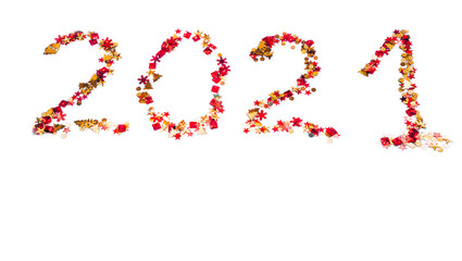 2021 brilliant isolate. Lettering 2021 on a white background of shiny multicolored confetti. Happy new year and merry Christmas.