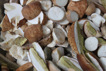Lots of sliced ​​porcini mushrooms, close-up shot on a clear sunny day.