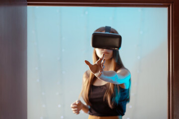 Virtual reality and the digital world of gadgets and video games. Woman in VR helmet.Concept of the future