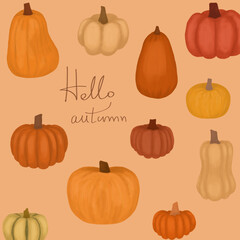 Drawing pumpkin on an orange background with the inscription