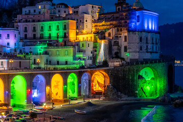 Colored Christmas lights in Atrani, is a small town of the Amalfi coast, Italy