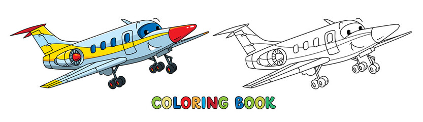 Funny business jet plane with eyes. Coloring book