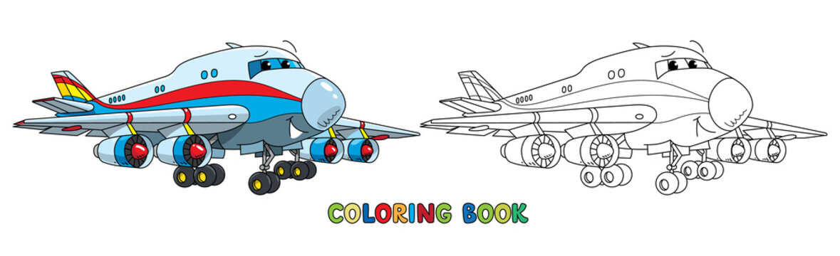 Funny cargo plane with eyes. Coloring book