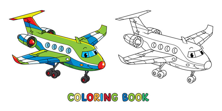 Funny business jet plane with eyes. Coloring book