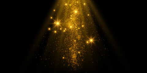 Transparent golden light effect. Magical sparkles isolated on black background.