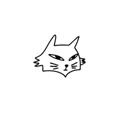 Doodle outline cat head with slanted eyes. A mysterious cat look. Vector stock illustration isolated on white background.