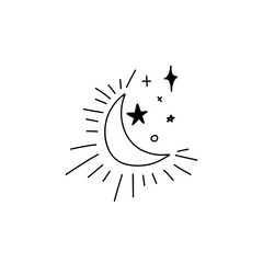 Doodle outline shining waning moon and stars of different shapes. Heavenly composition of the moon and the starry sky. Vector stock illustration isolated on white background.