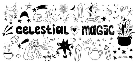Doodle set of celestial elements isolated on white background. Magical mystical objects and words for clipart, stickers, prints. Vector stock illustration of shining stars, comets, dreamcatcher.