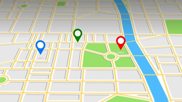 Navigation map with checkpoint icons. Traveling city concept. Animation of an app screen at black background.