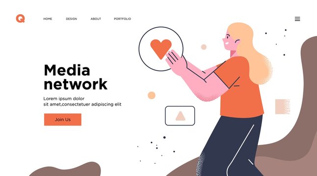 Presentation slide template or landing page website design. Business concept illustrations. Modern flat outline style. Online media