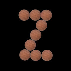 Letter of the alphabet made with circular wooden silhouettes. Isolated on black background