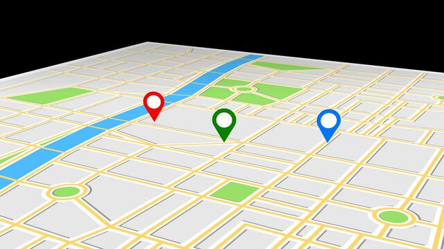 Navigation map with checkpoint icons. Traveling city concept. Animation of an app screen at black background.