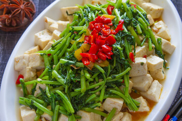 Tofu and vegetable Chinese salad close up