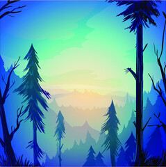 beautiful dawn, beautiful landscape forest, mountains, fog, clouds, sun. green, blue color