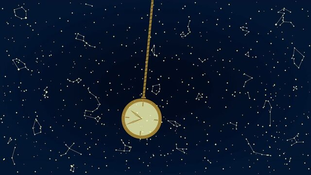 Animation of Golden and Beige Swinging Pendulum with Clock. Single Object Isolated on Starry Night Background. Panoramic Sky Map of Hemisphere. Loop Seamless Stock Footage. 3D Graphic