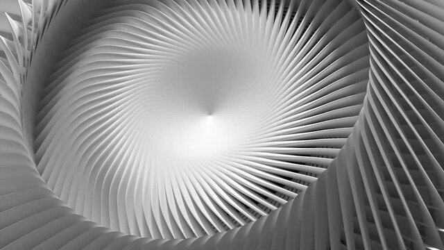 3d video loop of abstract black and white art of surreal 3d background with part of a turbine jet engine with sharp blades in white ceramic,  funnel in a spiral pattern with a hole in the centre