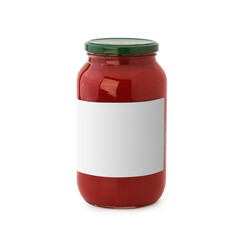 Tomato sauce jar with blank label on white background.