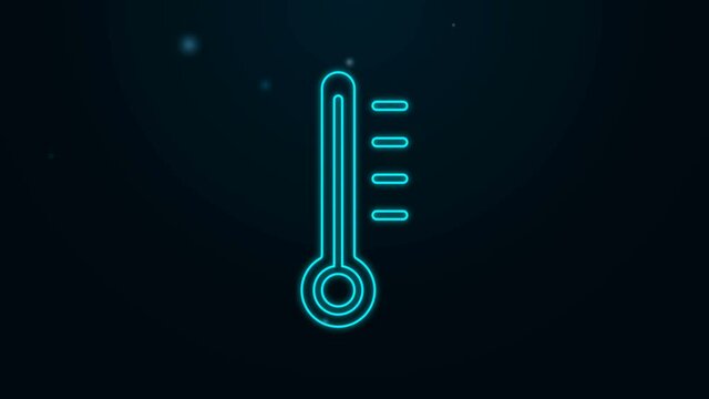 Glowing neon line Meteorology thermometer measuring icon isolated on black background. Thermometer equipment showing hot or cold weather. 4K Video motion graphic animation
