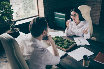 Portrait of his he her she nice attractive stylish busy hardworking people discussing briefing...