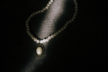 pearl necklace. Flat lay top-down