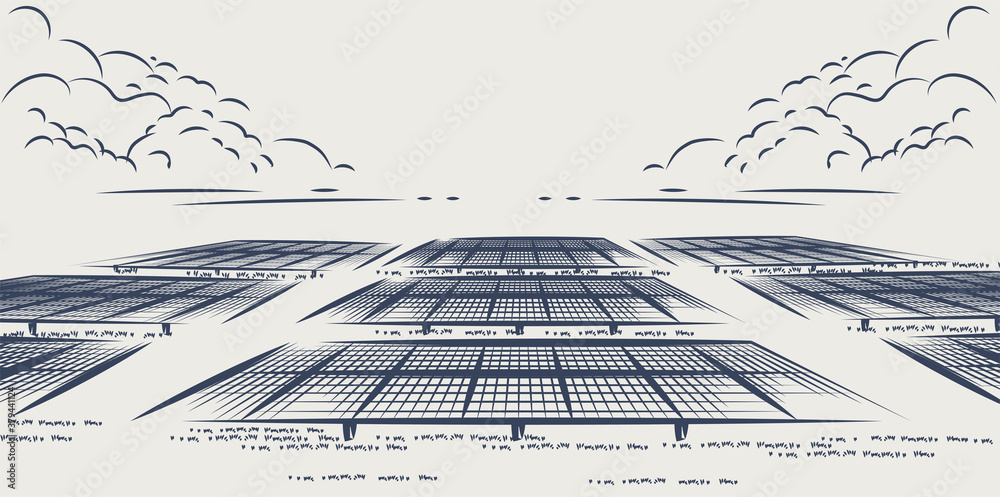 Wall mural Solar panels and wind turbines or alternative sources of energy. Ecological sustainable energy supply. Vector illustration design.