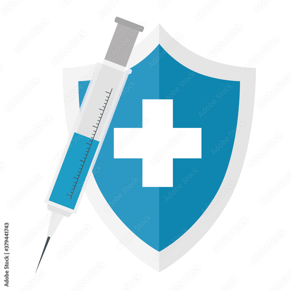 Sticker injection with cross shield design of medical care health and emergency theme vector illustration