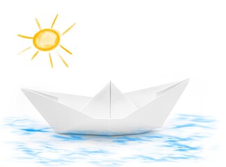 Paper boat on the water with white background 