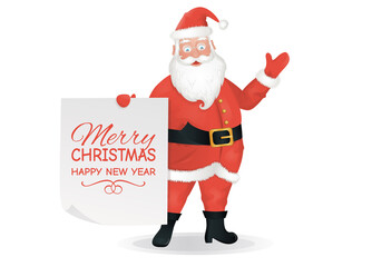 Santa is waving and holding a paper with Merry Christmas and Happy New Year text.